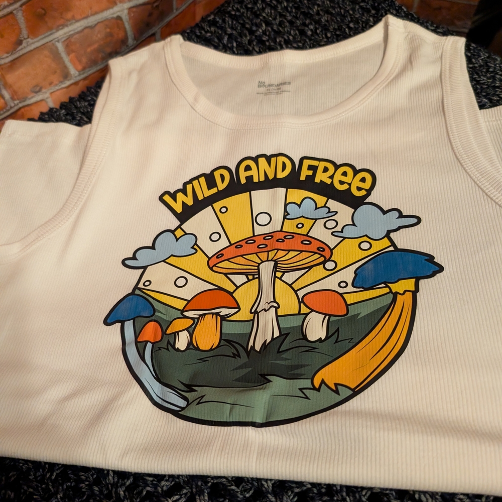 No Boundaries Cream Tank Top with Colorful Mushroom Design